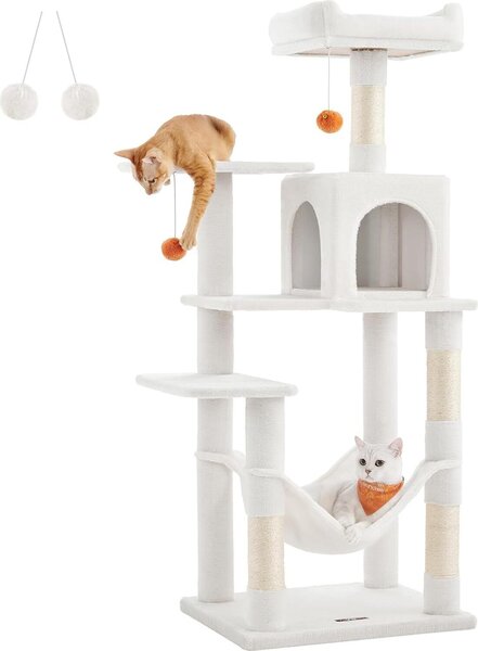 Tiragraffi Feandrea per gatti, altezza 143 cm, torre gioco, con 4 tiragraffi, 2 piattaforme, 1 nicchia, 1 amaca, 2 pompon, tessuto felpato, a più livelli