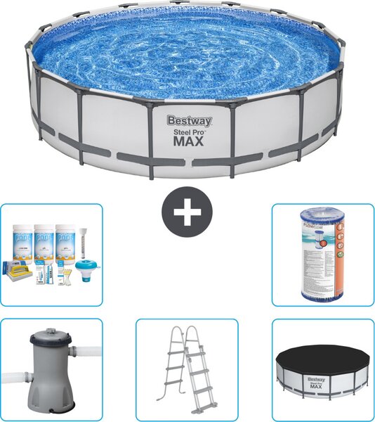Piscina Bestway Round Steel Pro MAX - 457 x 107 cm - grigio - inclusa pompa - scala - copertura pacchetto manutenzione - filtro