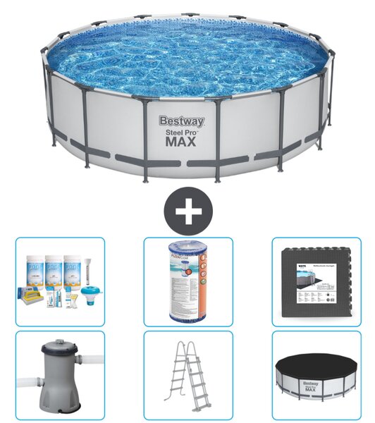 Piscina Bestway Round Steel Pro MAX - 457 x 122 cm - grigio - inclusa pompa - scala - pacchetto manutenzione copertura - filtro - piastrelle per il pavimento