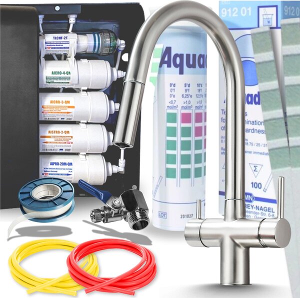Rubinetto da cucina a 3 vie estraibile con valvola in Vetroceramica, INOX, filtro a 5 stadi