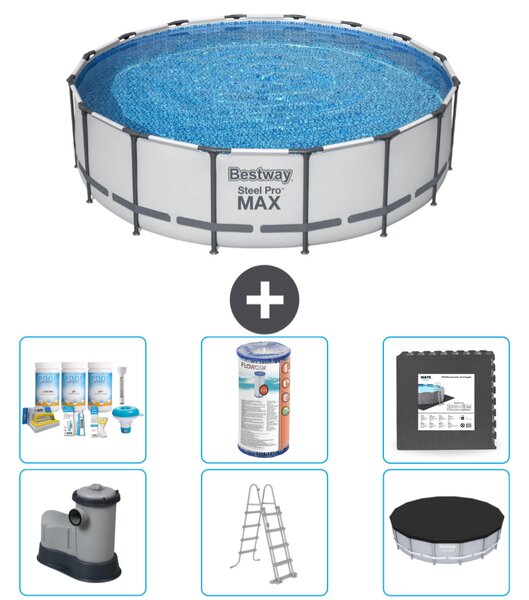 Piscina Bestway Round Steel Pro MAX - 488 x 122 cm - grigio - inclusa pompa - scala - pacchetto manutenzione copertura - filtro - piastrelle per il pavimento