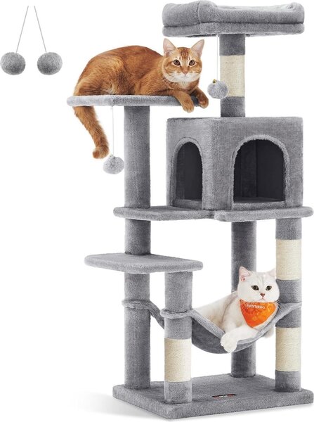 Tiragraffi Feandrea, altezza 112 cm, albero per gatti, casa per gatti a più piani, con 4 tiragraffi, 2 piattaforme, amaca, grotta, grigio chiaro