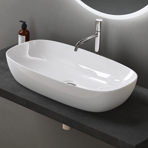 Doporro Lavabo da Appoggio in Vetroceramica Bianco Lucido 50 cm, Lavandino Bagno Brüssel104