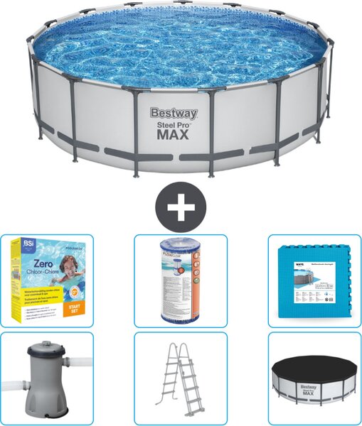 Piscina Bestway Round Steel Pro MAX - 457 x 122 cm - grigio - inclusa pompa - scala - pacchetto manutenzione copertura - filtro - piastrelle per il pavimento