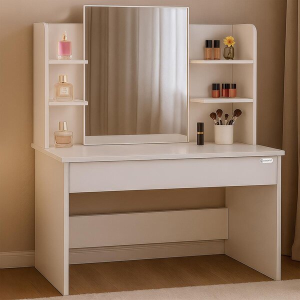 CASARIA® Tavolo da Trucco Lucia Specchio Grande Cassetto con Luce Ripiani Toeletta Trucchi Tavolino Make-Up e Profumi Postazione Trucco Vanity Desk