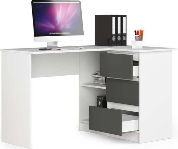 BDW, scrivania angolare destra, 3 cassetti, 4 ripiani, bianco/grigio destra