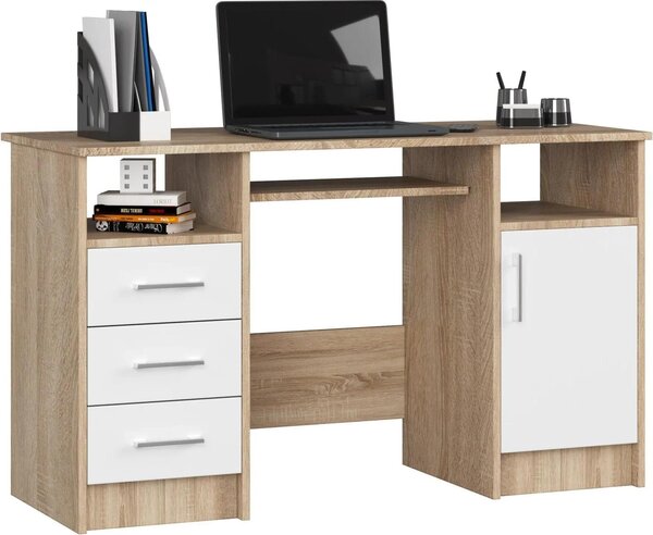 Scrivania per computer ANA in rovere Sonoma e bianco con spazio di archiviazione e ripiano estraibile per tastiera