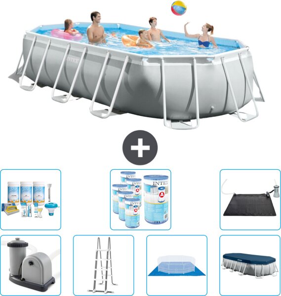 Piscina Intex Oval Prism Frame - 503 x 274 x 122 cm - Grigio - compresa pompa - scaletta - telo di fondo - pacchetto di manutenzione della copertura - filtro - tappetino solare