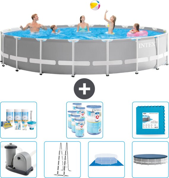 Piscina Intex Round Prism Frame - 610 x 132 cm - Grigio - inclusa pompa - scala - telo di fondo - pacchetto di manutenzione della copertura - filtro - piastrelle per il pavimento