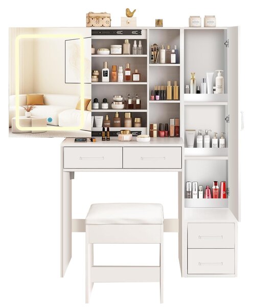 ZELURXX Specchiera da trucco a LED con presa di corrente, specchio scorrevole con 3 colori di luce, ampio spazio di archiviazione, larghezza 654 mm, sgabello incluso, bianco