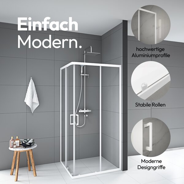 Cabina doccia 90x90 Marwell vetro doccia Factory ad angolo, bianco, 90 x 90 x 200 cm - Cabina doccia con telaio in alluminio bianco opaco - Cabina doccia con porta scorrevole