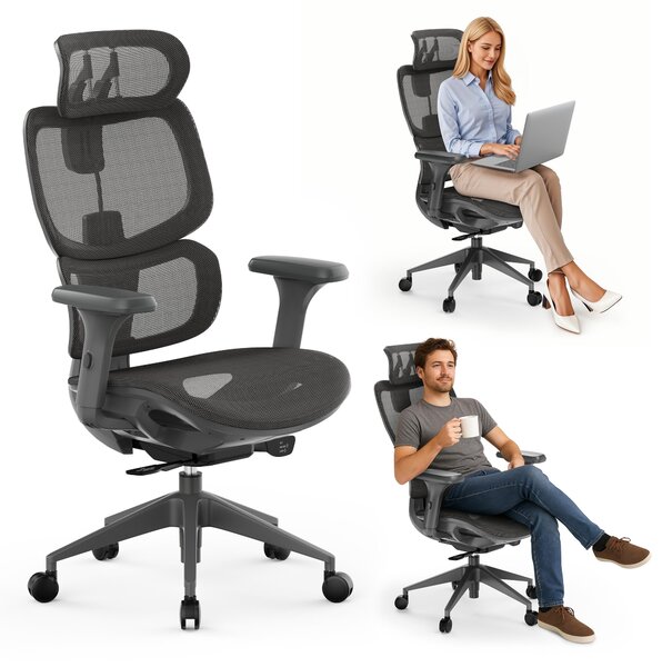 SENSE7 Nobu Sedia da ufficio ergonomica Sedia da scrivania Grigio Braccioli 3D Schienale in rete Poggiatesta Funzione oscillante Sedia direzionale Sedia per home office e gaming 130 kg