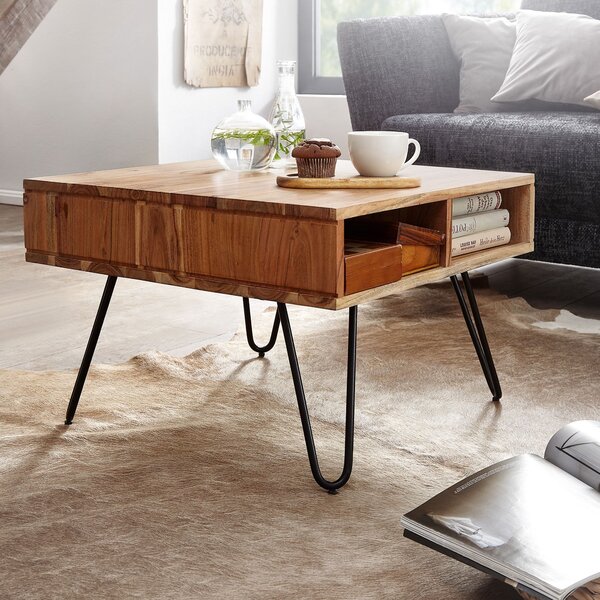 Tavolino FineBuy 60x40x60 cm Tavolino quadrato in legno massiccio di acacia / metallo | Tavolino in legno con contenitore | Tavolino da caffè