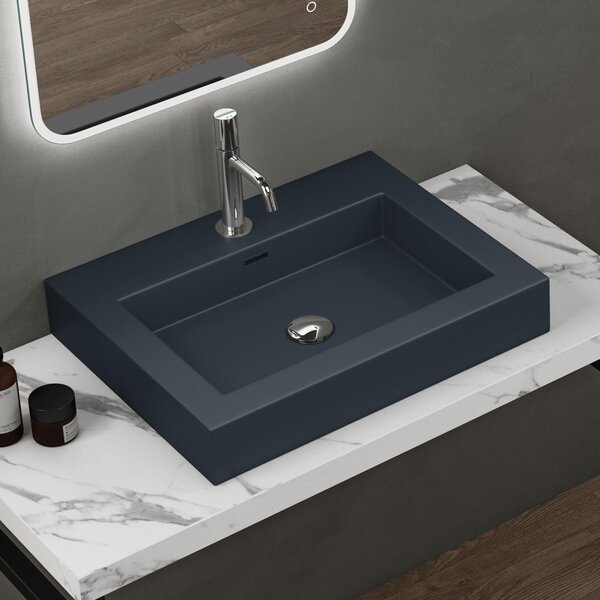 Doporro Lavabo da Appoggio Rettangolare, Lavabo Bagno Sospeso con Foro Rubinetto e Troppopieno in Marmo Resina Antracite Opaco, Lavandino Bagno 60x48x10cm Colossum18