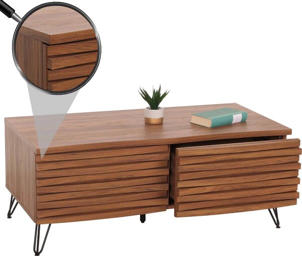Tavolino MCW-M49, tavolino da salotto, design 3D, 2 cassetti, MDF e metallo, 46x110x55 cm ~ effetto noce
