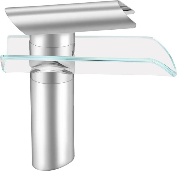 Rubinetto a cascata con vetro - Miscelatore per lavabo - Miscelatore monocomando - Bocca a cascata in vetro - Acciaio inox e ottone - Design moderno - Argento