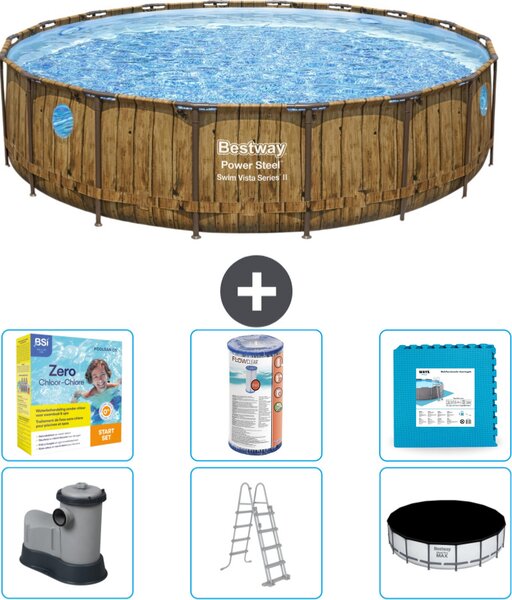 Piscina Bestway Round Power Steel Swim Vista - stampa su legno - 549 x 122 - compresa pompa - scaletta - copertura pacchetto manutenzione - filtro - piastrelle per pavimento