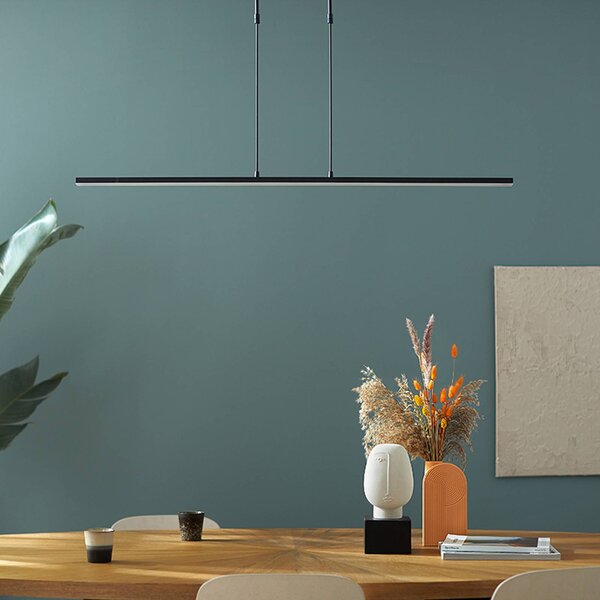 Steinhauer Lampada a sospensione LED Zelena, nera, lunghezza 122 cm, metallo, CCT dimmerabile, Nero, Soggiorno / Sala da pranzo, Metallo, Moderno