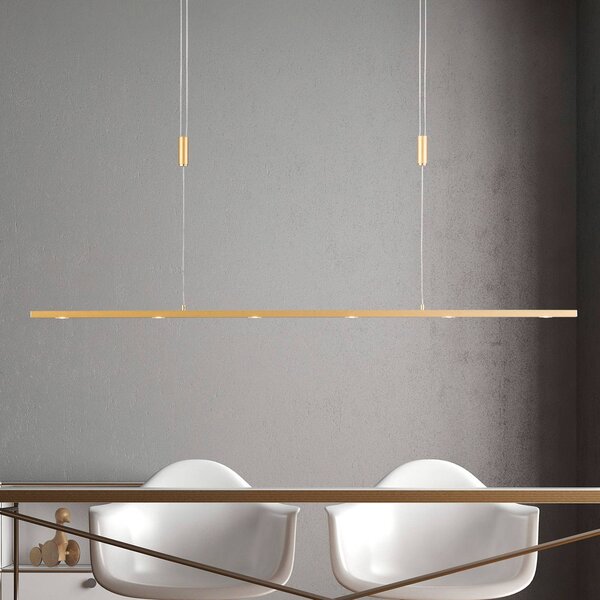 Lampada LED a sospensione Quitani Tolu, lunghezza 119 cm, ottone Tolu Quitani, dimmerabile, Ottone / Oro, Soggiorno / Sala da pranzo, Alluminio, Moderno