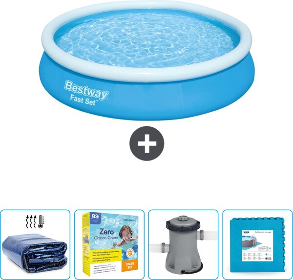 Piscina gonfiabile rotonda Bestway ad ambientazione rapida - 366 x 76 cm - blu - include tenda da sole - pacchetto manutenzione - pompa - pavimento in piastrelle
