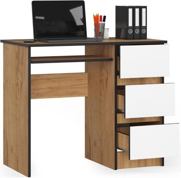 BDW, scrivania per computer con 3 cassetti, cassetto per tastiera, 90x77x50 cm, rovere artigianale / bianco (a destra)