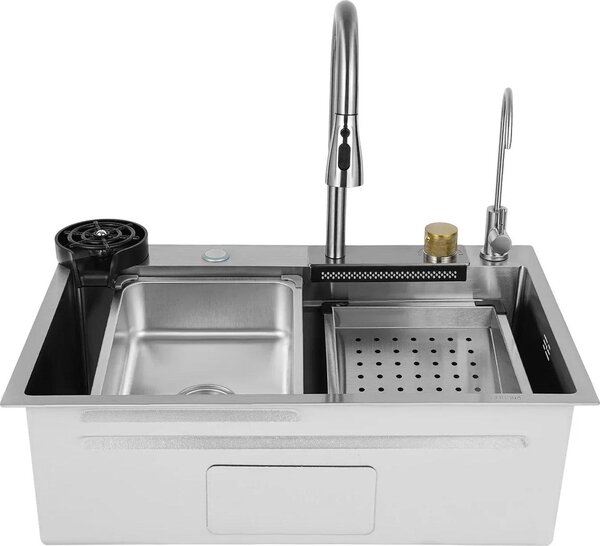 Lavello da cucina - Doppio lavello - Con rubinetto - Acciaio inossidabile 316 - Rettangolare - 1 foro - Argento