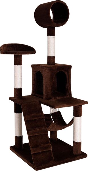 Tiragraffi lionto, elegante albero per gatti da 133 cm con copertura in peluche, robusti paletti in sisal e versatili aree di riposo, marrone