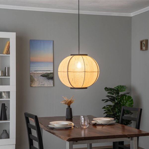 Lampada a sospensione Aurinil Lindby, dimmerabile, Legno chiaro, Soggiorno / Sala da pranzo, Tessuto / Stoffa / Seta, Campagna / Rustiche, Lampada a sospensione
