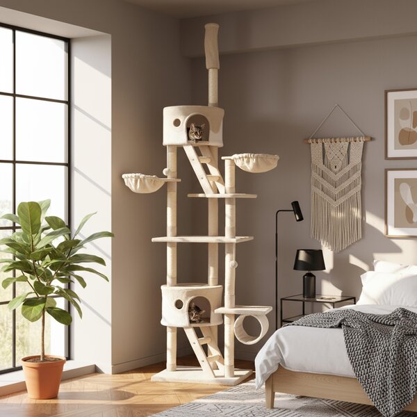 Belviona XXL tiragraffi con tenditore a soffitto, perfetto per il gioco e la cura degli artigli, altezza 230-250 cm, beige/bianco