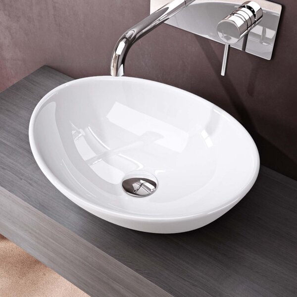Doporro Lavabo da Appoggio Ovale in Vetroceramica Bianco Lucido 42 cm Lavandino Bagno Moderno con Rivestimento Nano per Bagno e WC Ospiti - Br¹ssel205