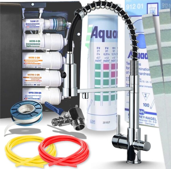 Rubinetto da cucina a 3 vie Ari, con collegamento filtro acqua, doccetta estraibile e beccuccio girevole 360, cromato
