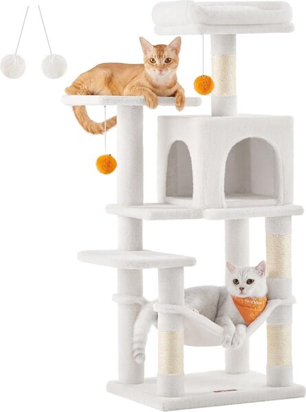 Tiragraffi Feandrea per gatti, altezza 112 cm, torre gioco, con 4 tiragraffi, 2 piattaforme, 1 nicchia, 1 amaca, 2 pompon, tessuto felpato, a più livelli