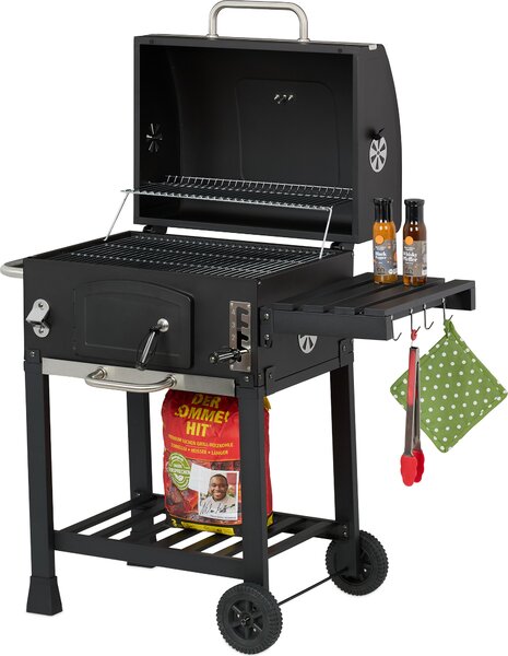 Relaxdays Barbecue a carbonella su carrello, con coperchio, barbecue con ruote, regolabile in altezza, barbecue da giardino XXL, nero/argento