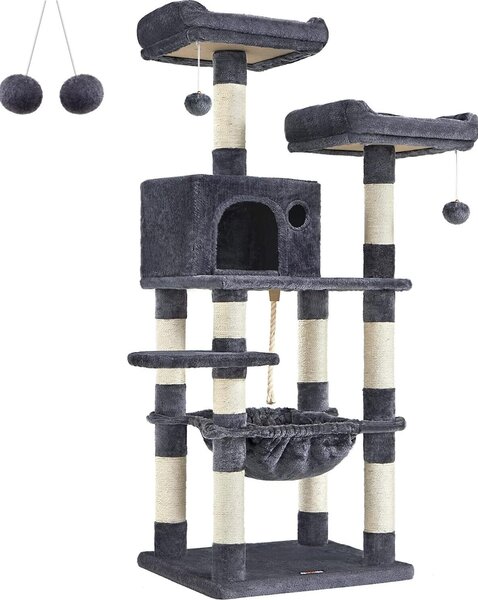 FEANDREA tiragraffi, albero tiragraffi 143 cm, 2 comode piattaforme di osservazione, grigio fumo