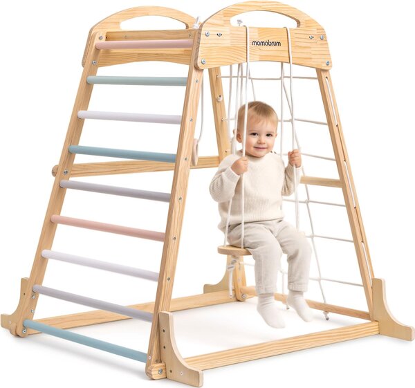 Set da arrampicata Montessori in legno per la casa - parco giochi interno con altalena, anelli ginnici e rete da arrampicata | Mamabrum