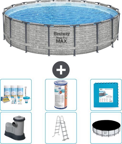 Piscina Bestway Round Steel Pro MAX - stampa su pietra - 549 x 122 - inclusa pompa - scala - pacchetto di manutenzione della copertura - filtro - pavimento in piastrelle
