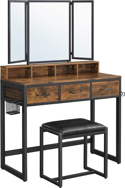 VASAGLE Tavolo da toilette Tavolo da toilette con specchio pieghevole a 3 pezzi, porta asciugacapelli, tavolo da toilette con sgabello imbottito, 3 cassetti, vintage marrone-nero