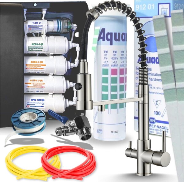 Miscelatore da cucina Ari Solid Spring a 3 vie INOX flessibile con sistema di filtraggio dell'acqua a 5 stadi e filtro per acqua potabile da incasso