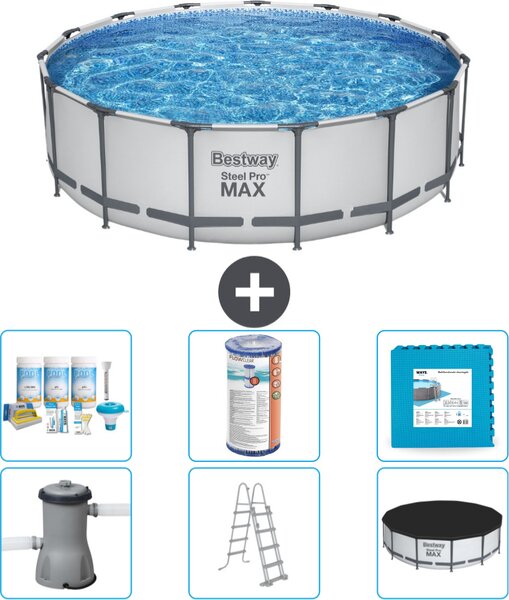 Piscina Bestway Round Steel Pro MAX - 457 x 122 cm - grigio - inclusa pompa - scala - pacchetto manutenzione copertura - filtro - piastrelle per il pavimento
