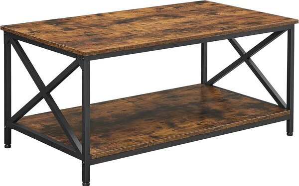 Tavolo da soggiorno VASAGLE, tavolino, supporti a X, con struttura in acciaio e ripiani, 100 x 55 x 45 cm, design industriale, stile country house