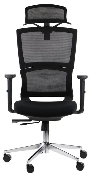 Sedia da ufficio girevole ergonomica TRENT, base cromata, supporto lombare, braccioli regolabili, seduta scorrevole (avanti-indietro), nero