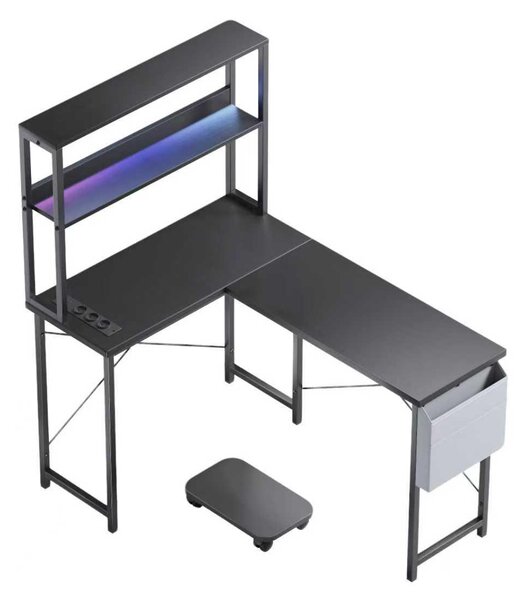 ZELURXX Scrivania da gioco a L, scrivania per computer da 148 cm, con LED, presa di corrente, USB, ripiano, portaoggetti, montabile su entrambi i lati, nero