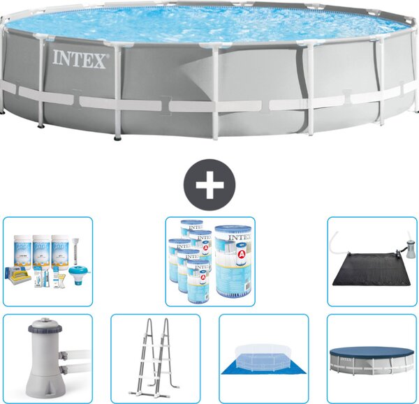 Piscina Intex Round Prism Frame - 457 x 107 cm - Grigio - inclusa pompa - scaletta - telo di fondo - pacchetto manutenzione copertura - filtro - tappetino solare