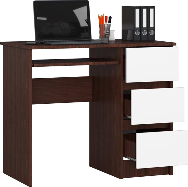 BDW, scrivania per computer con 3 cassetti, cassetto per tastiera, 90x77x50 cm, Venga / bianco (destra)