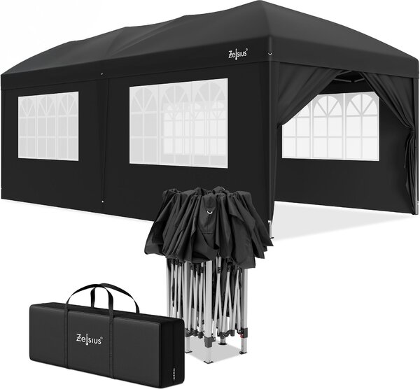 Gazebo pieghevole Zelsius 3x6 m con pareti laterali, nero, gazebo pieghevole UV30, tenda da giardino pieghevole