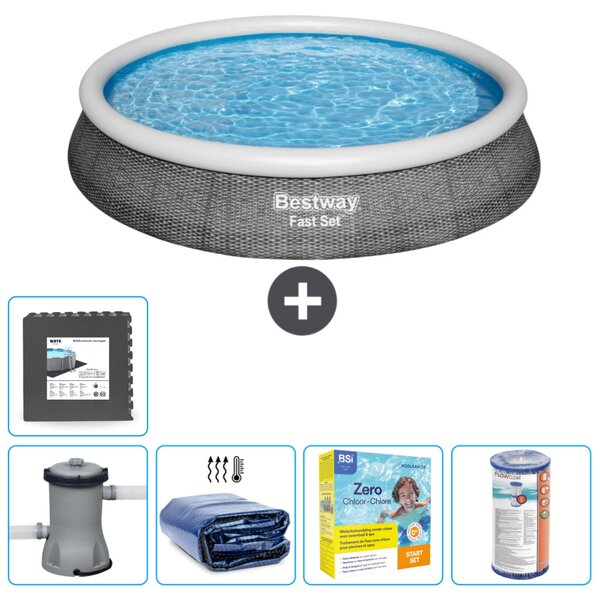 Set piscina gonfiabile rotonda Bestway - stampa rattan - 396 x 84 cm - inclusa pompa tenda da sole - pacchetto manutenzione - filtro - pavimento in piastrelle