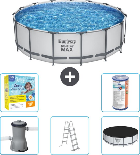 Piscina Bestway Round Steel Pro MAX - 457 x 122 cm - grigio - inclusa pompa - scala - copertura pacchetto manutenzione - filtro
