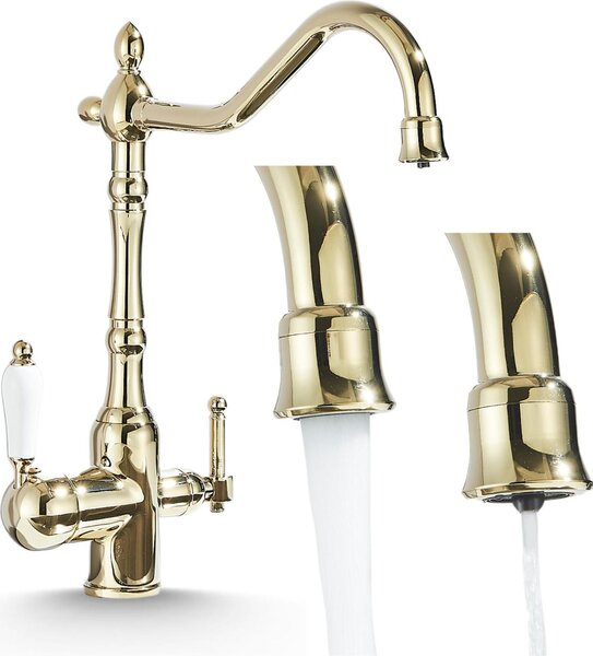 Rubinetto da cucina a 3 vie Ari Retro 2, beccuccio girevole 360 gradi, cartuccia in Vetroceramica, collegamento filtro acqua, oro lucido