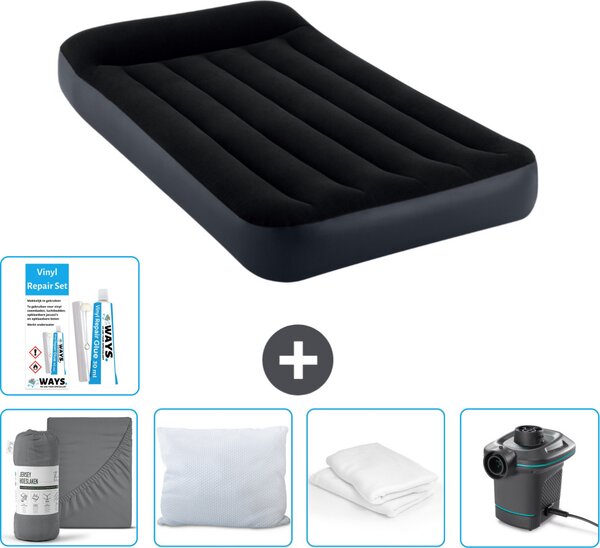 Letto gonfiabile Intex - 1 persona - 99 x 191 x 25 cm - Blu scuro - Consegna inclusa Lenzuolo di ricambio - Bacio - Pompa - Set di riparazione e protezione del cuscino
