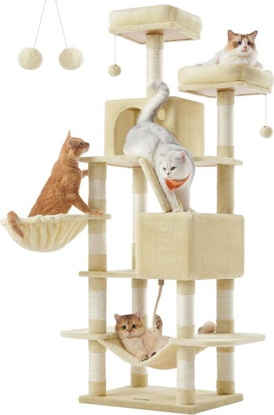 Tiragraffi Feandrea Large Alto 168 cm Tiragraffi a L con 13 tiragraffi, 2 piattaforme, 2 grotte, cesto, amaca, palline di peluche